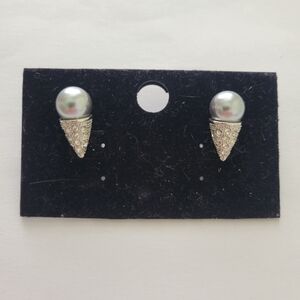 Vtg Ice Cream Cone Pierced Stud Earrings Glass Pearl Rhinestone Silver Tone